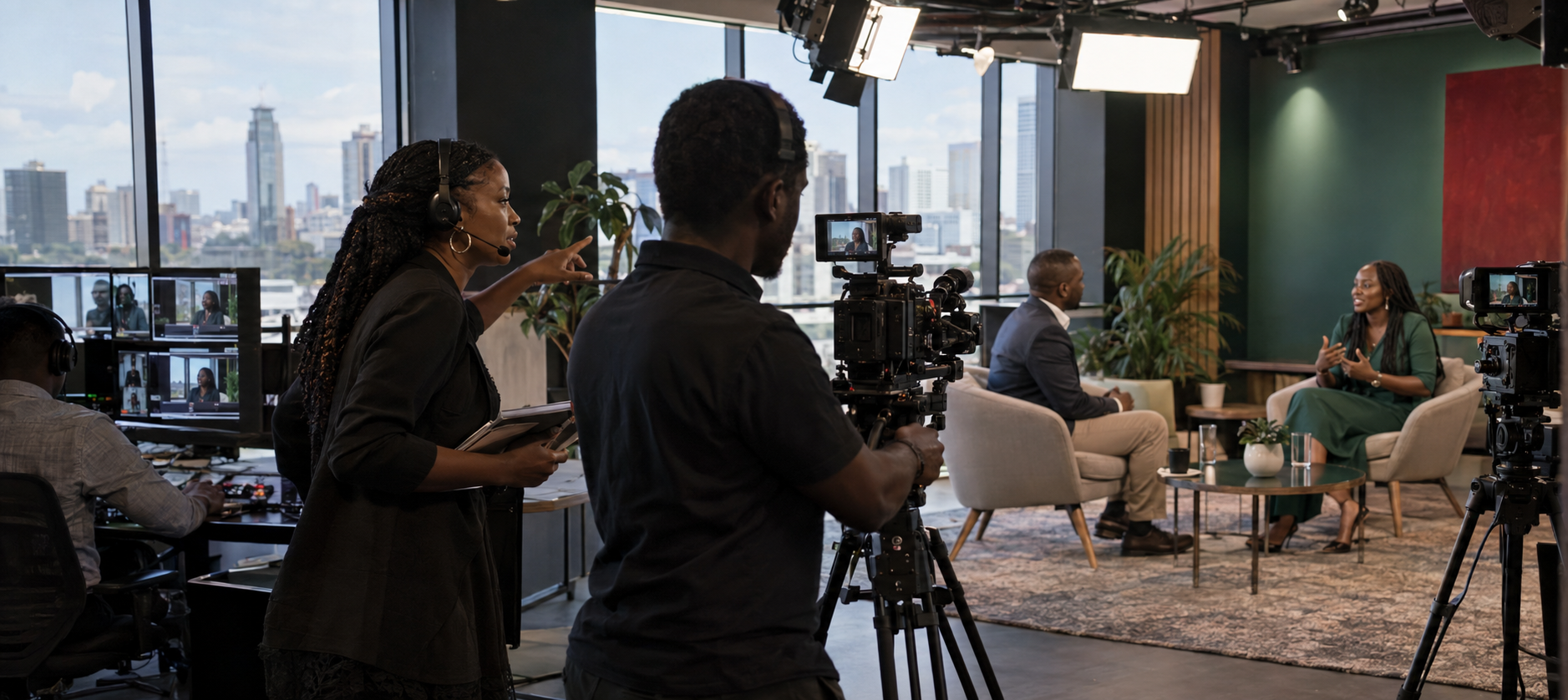 Kenyan media team producing a live studio interview